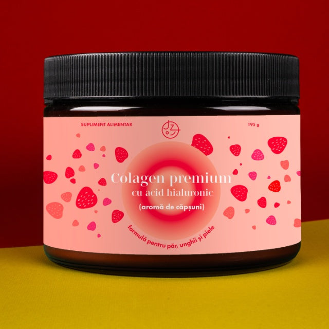 Colagen premium cu acid hialuronic, vitamina C și 8 substanțe pentru păr, ten și unghii frumoase (aromă de căpșuni) 🍓