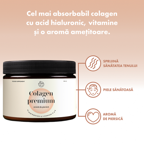Colagen premium cu acid hialuronic și vitaminele C și E (aromă de piersică)