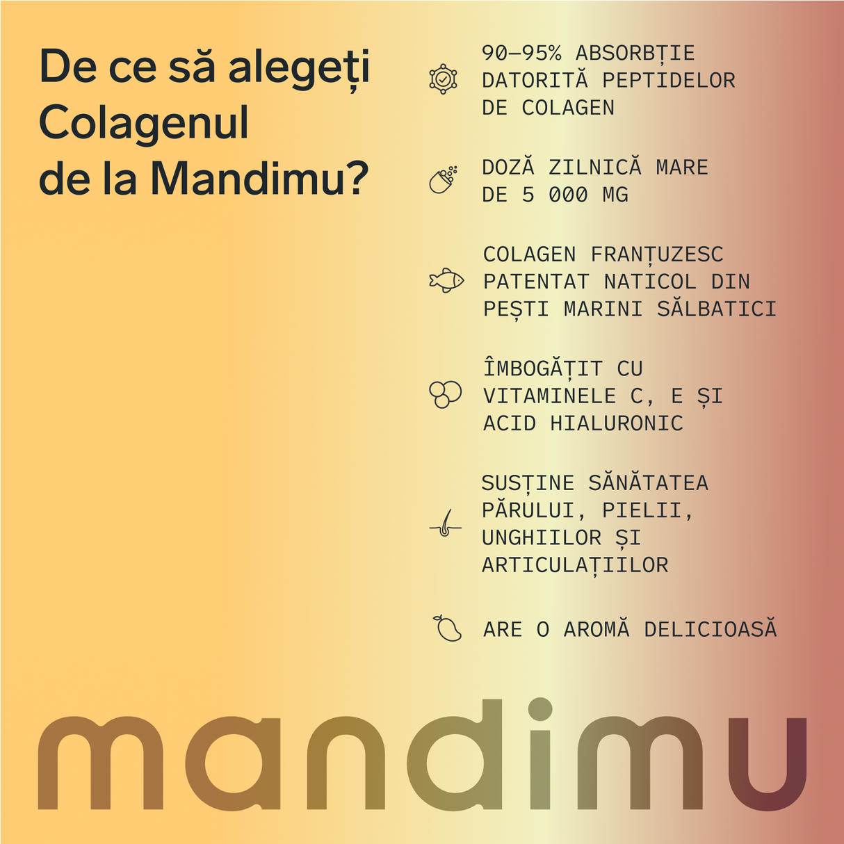 Colagen premium cu acid hialuronic și vitaminele C și E (aromă de mango)