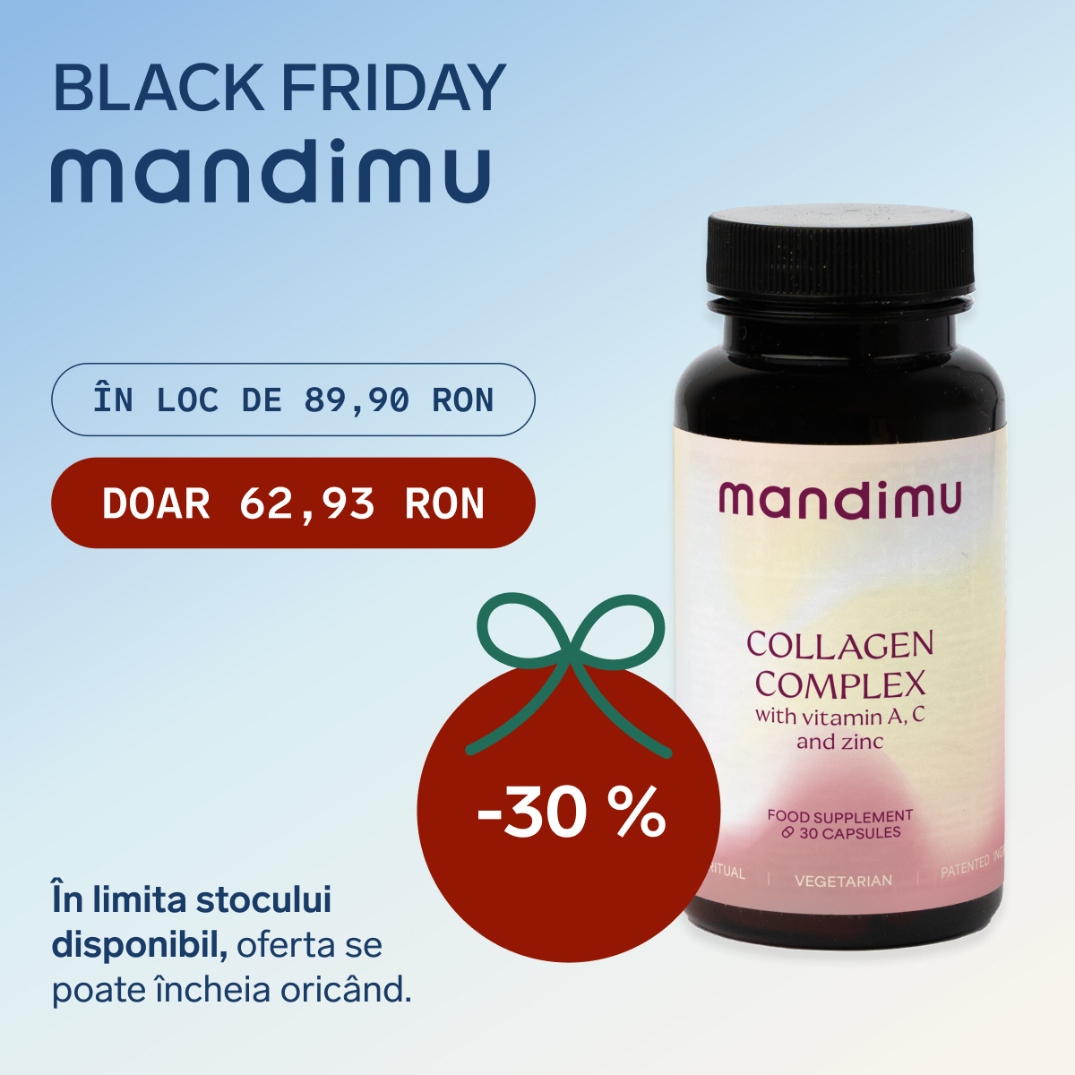 Black Friday – Complex de colagen cu vitaminele A + C și zinc (vegetarian) – 62.93 RON