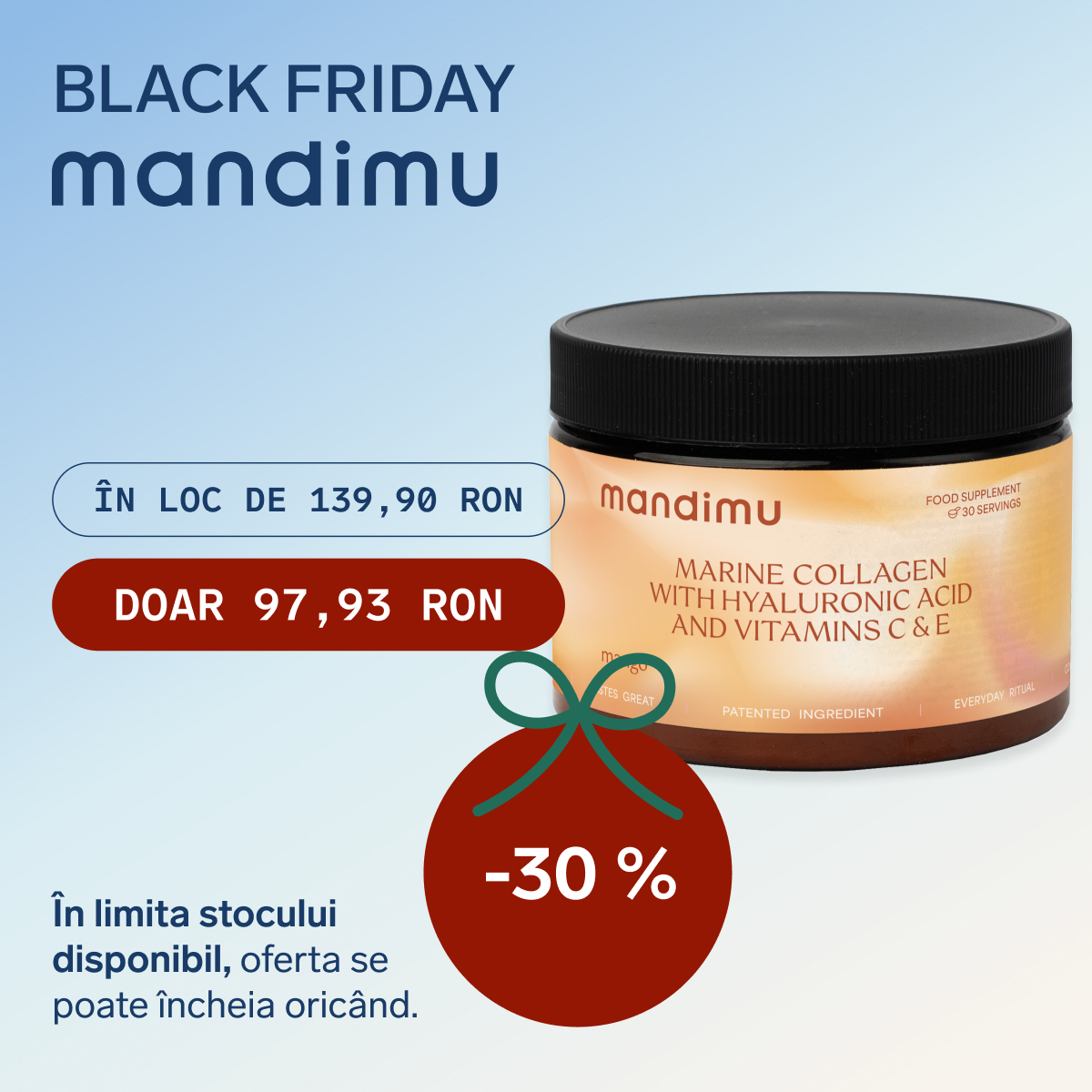 Black Friday – Colagen premium cu acid hialuronic și vitaminele C și E (aromă de mango) – 97.93 RON