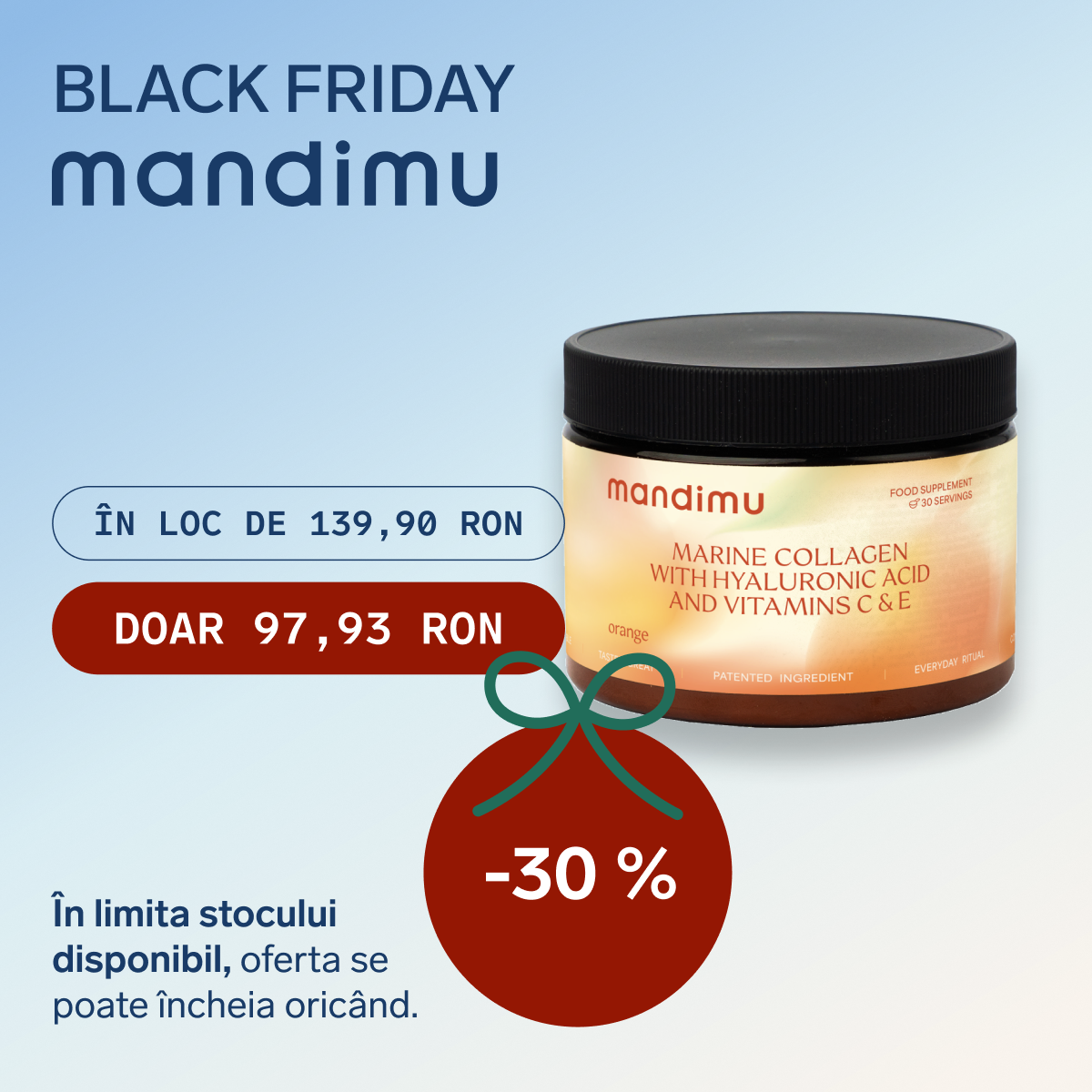 Black Friday – Colagen premium cu acid hialuronic și vitaminele C și E (aromă de portocală) – 97.93 RON