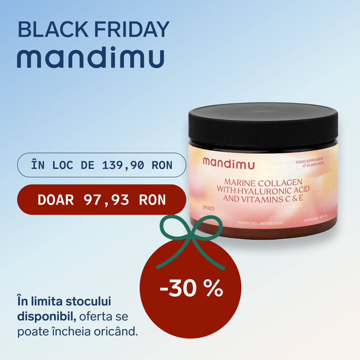 Black Friday – Colagen premium cu acid hialuronic și vitaminele C și E (aromă de piersică) – 97.93 RON